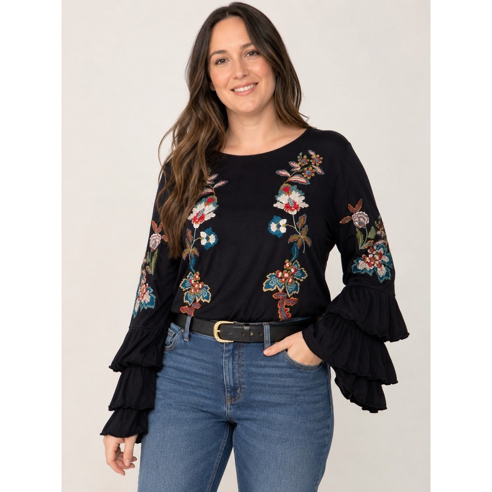 INC International Concepts XL Floral Embroidered Ruffle Sleeve Knit Top Black